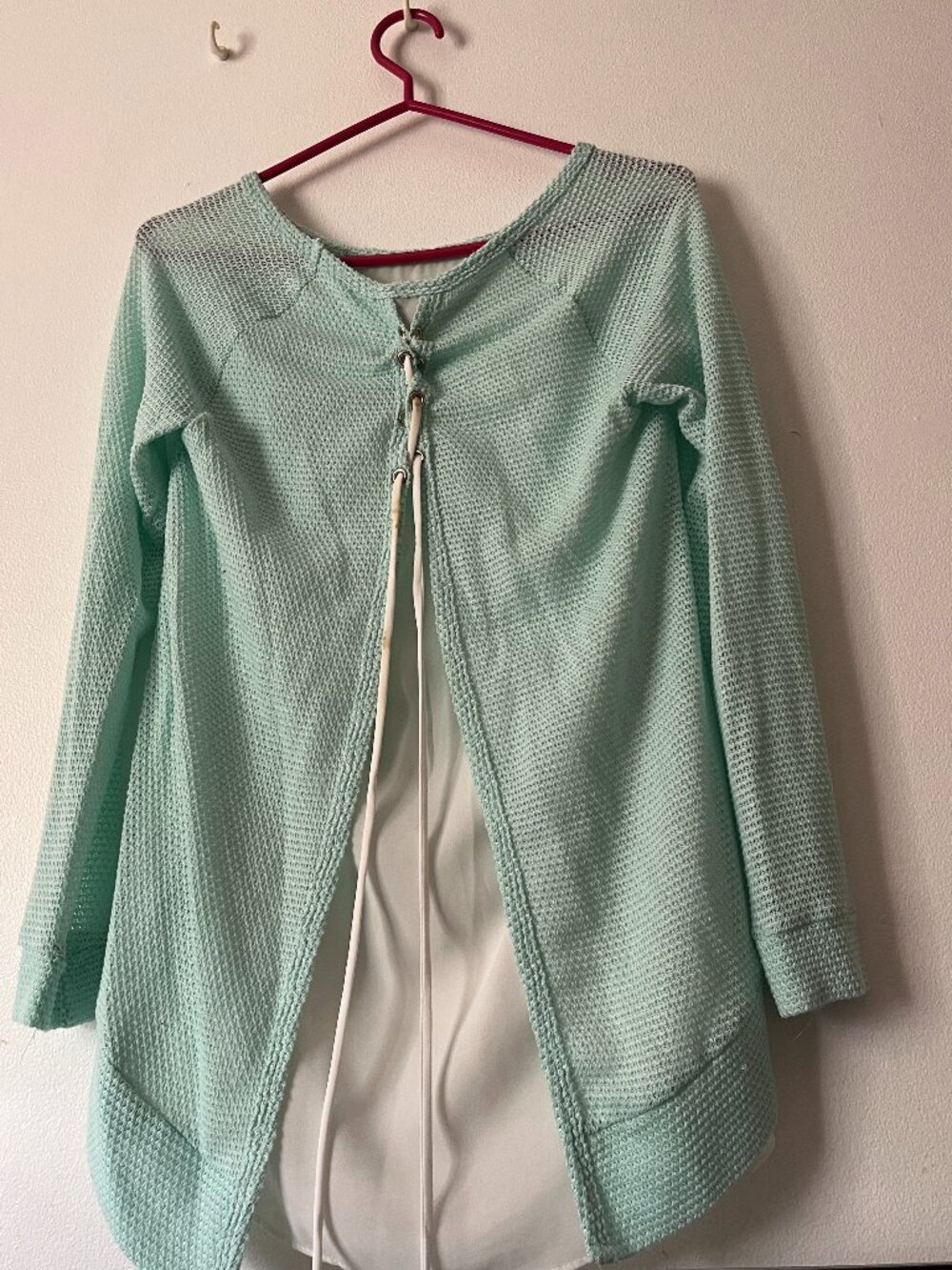 Design Lab  Mint Waffle Knit Lace-Up Back Top, Sz S made in USA